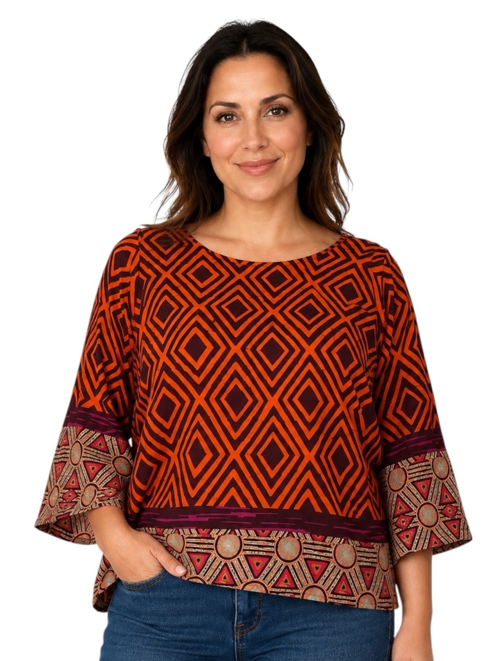 Carla Venturi Made in Italy Orange Geometric Boho Blouse Size XL